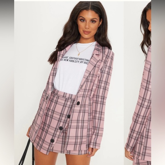 PRETTYLITTLETHING Pink Checkered Boyfriend Blazer Size 12 - Picture 2 of 9